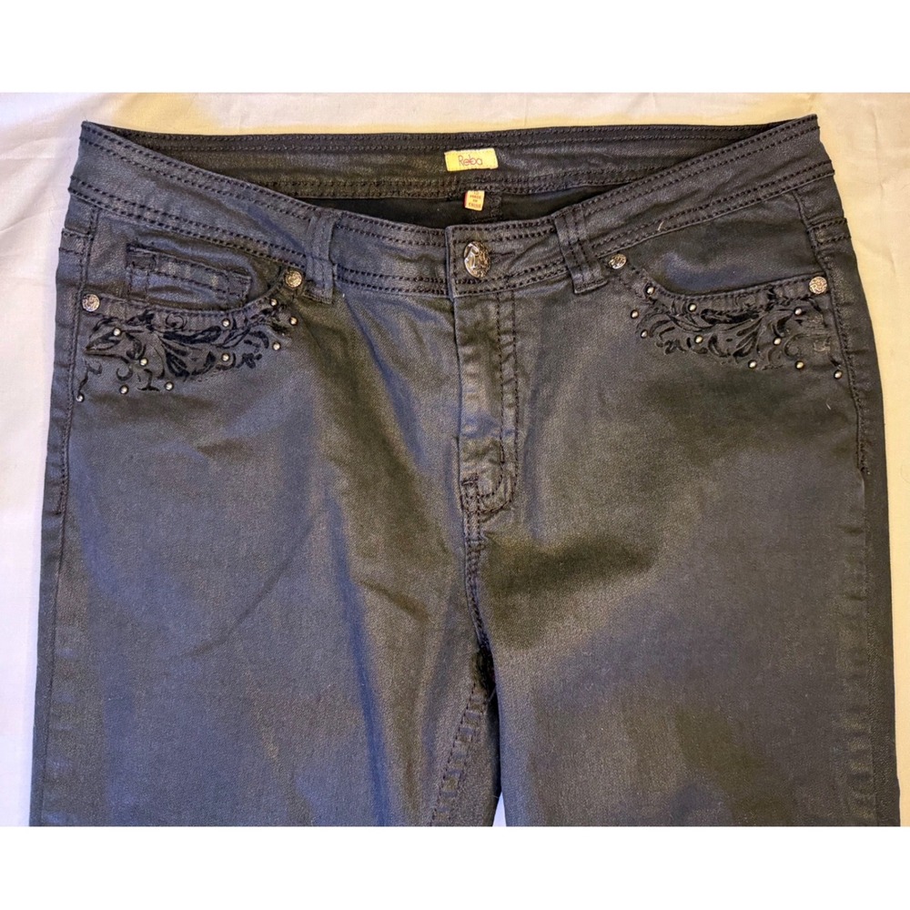 Reba Black Coated Embroidered Rhinestone Bootcut Jeans Womens Size 12 - Picture 3 of 9